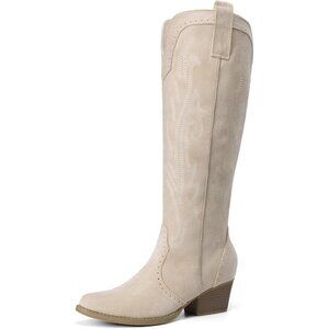 🆕Women's Beige Comfortable Chunky Heel Embroidered Western Retro Knee High Boot